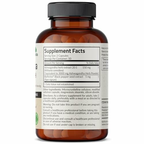 Supplement facts label on a bottle of Ashwagandha capsules.