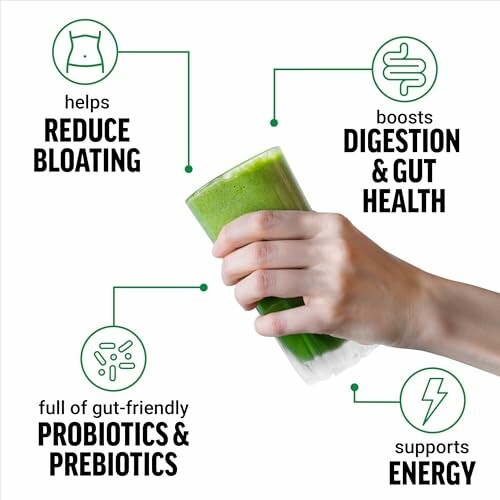 Hand holding green smoothie with health benefits: reduces bloating, boosts digestion, contains probiotics, supports energy.