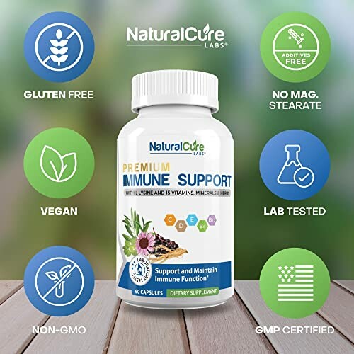 Natural supplement bottle for immune support with various certifications.