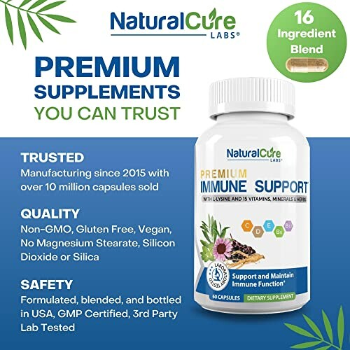 NaturalCure Labs Premium Immune Support supplement bottle with trusted quality and safety information.